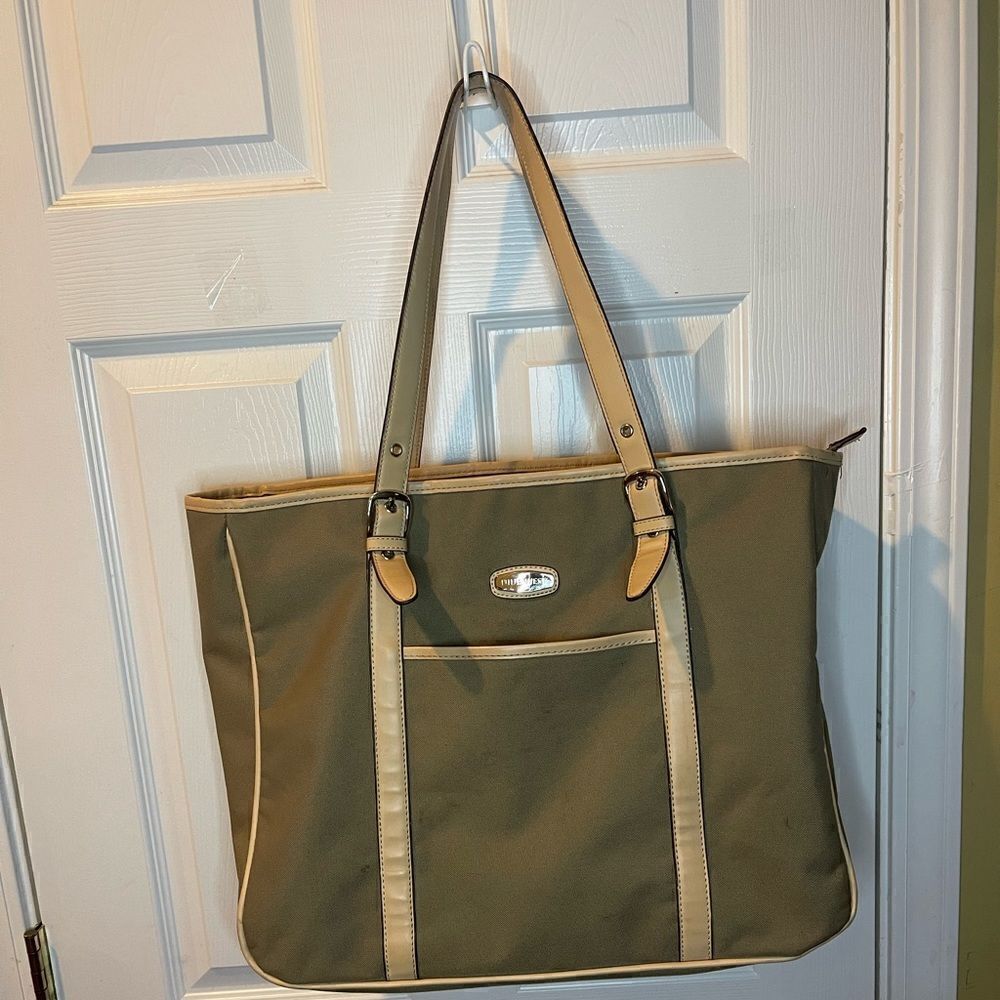 Nine West extra large tote bag Olive green fabric beige faux leather trim &strap